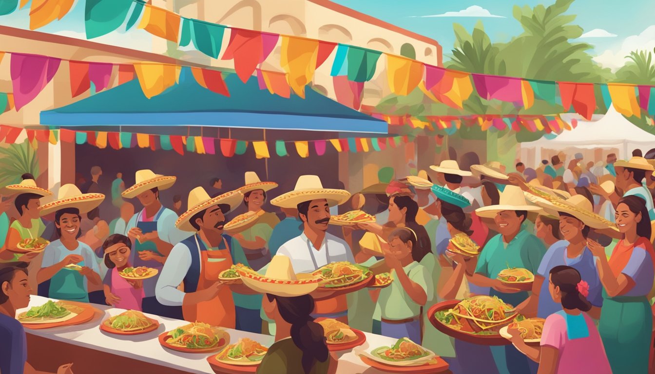 Tacos being served at a bustling Mexican festival, with colorful decorations and traditional music in the background