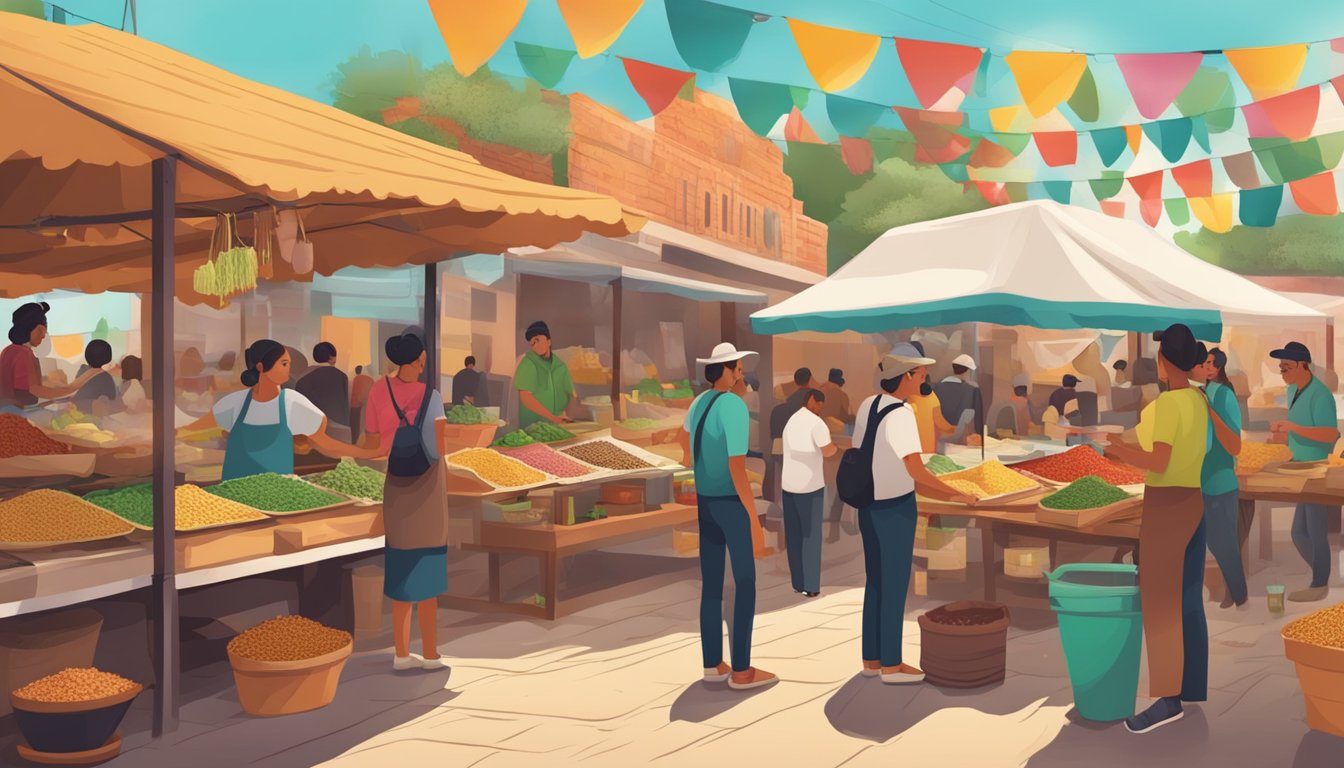 A bustling Mexican market with vendors selling colorful ancient grains and fresh ingredients for modern tacos