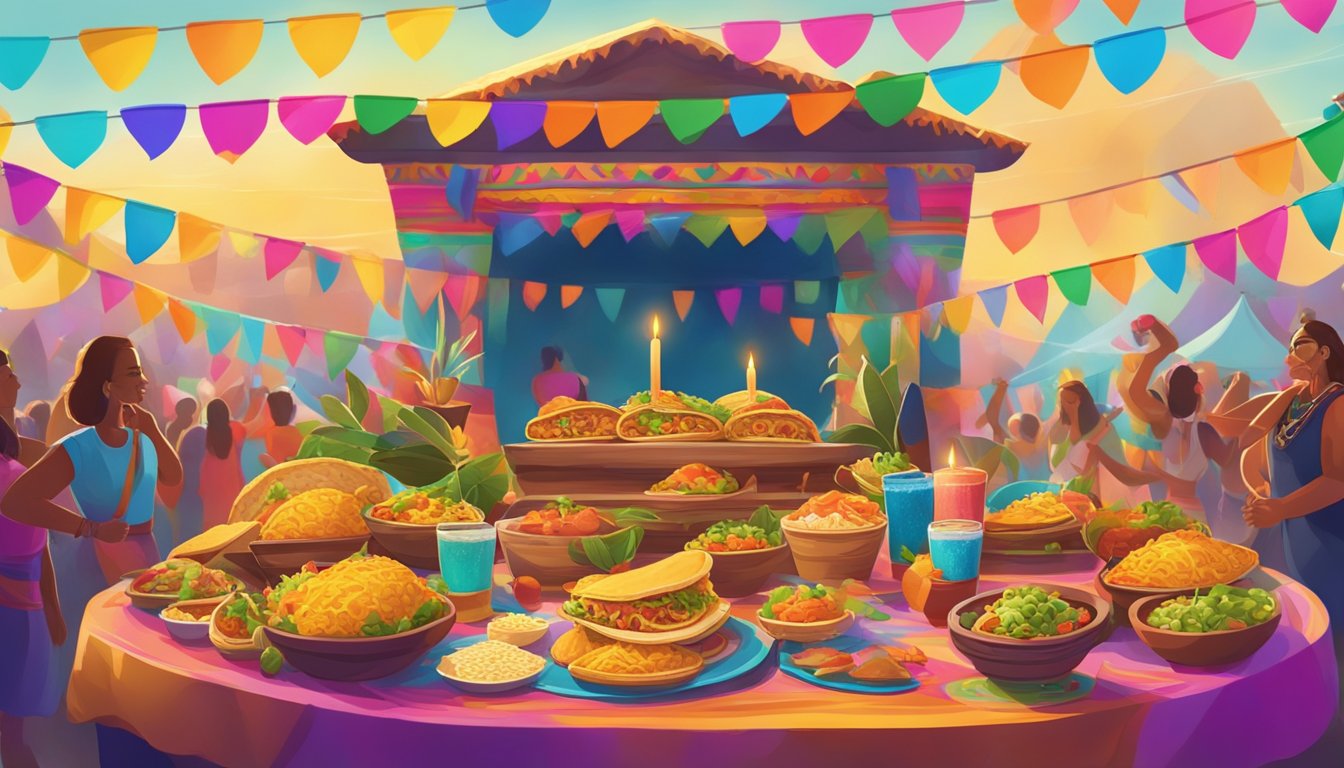 A vibrant festival scene with tacos as offerings at an altar, surrounded by colorful decorations and traditional music