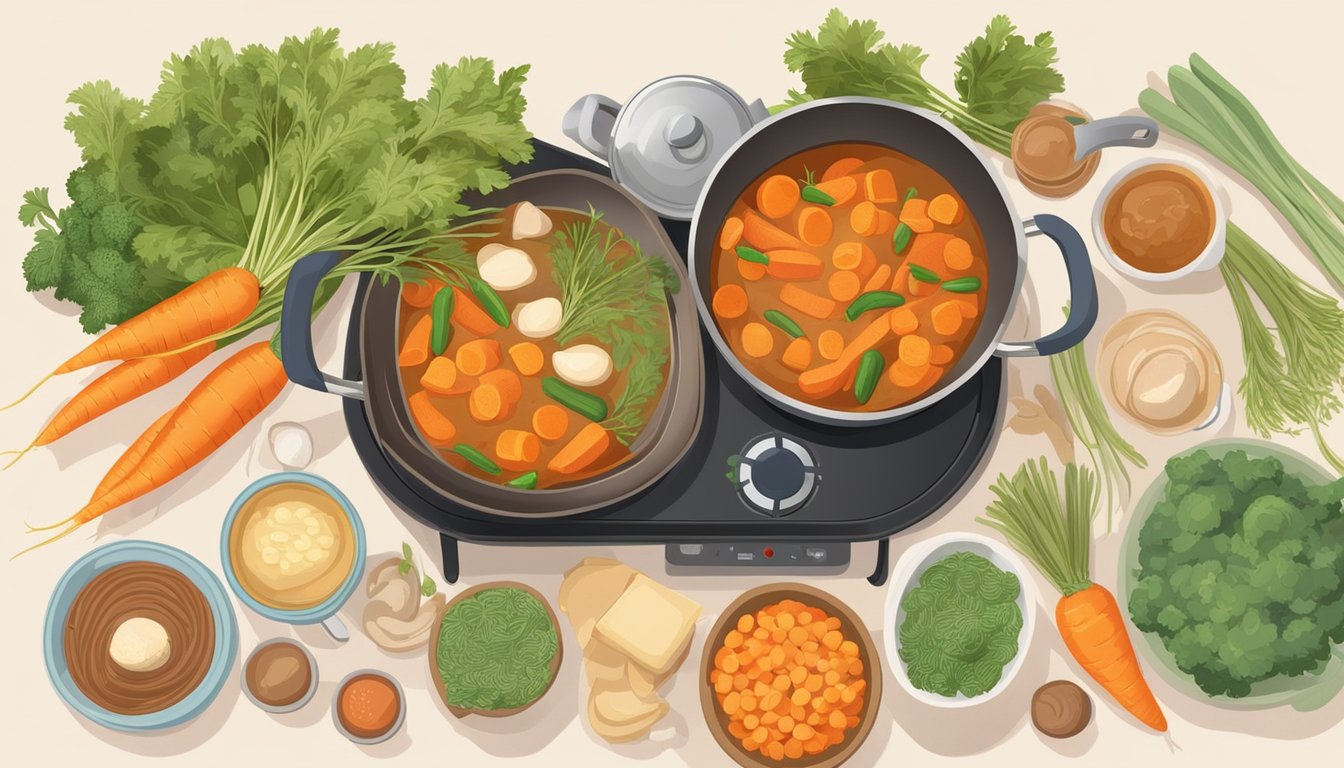 A pot of stewed carrots simmering on a stovetop, surrounded by a variety of gentle, baby-friendly foods and ingredients