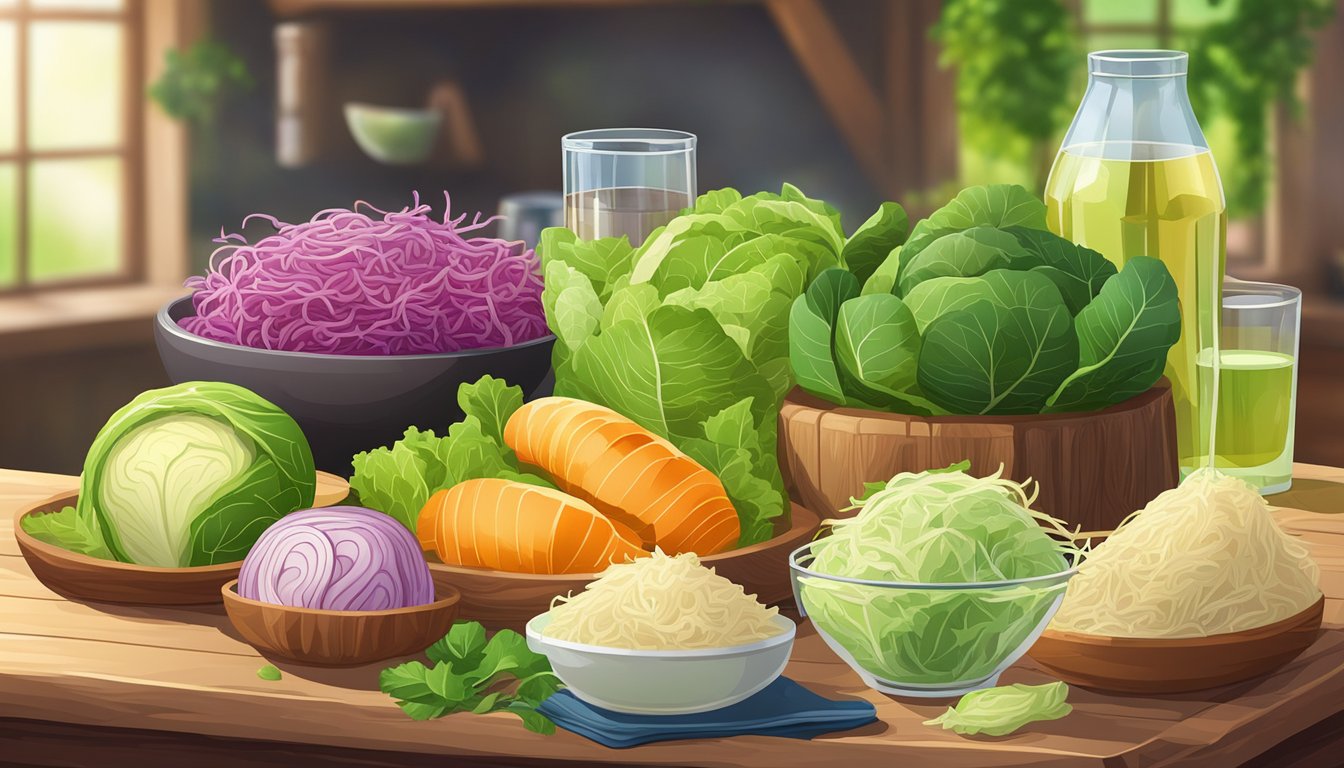 A colorful array of sauerkraut, cabbage, and other fiber-rich foods arranged on a wooden table, surrounded by vibrant green leaves and a clear glass of water