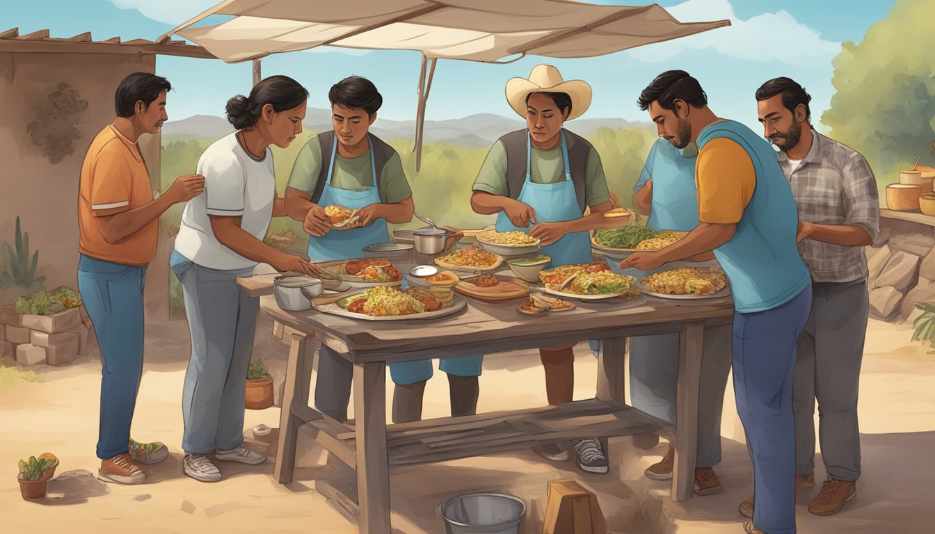 A group of Mexican migrants gather around a makeshift outdoor kitchen, preparing and sharing tacos as they reminisce about their homeland