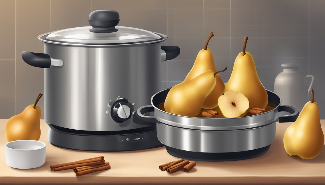 A pot of stewed pears simmering on a stovetop, surrounded by gentle, soothing ingredients like cinnamon and honey