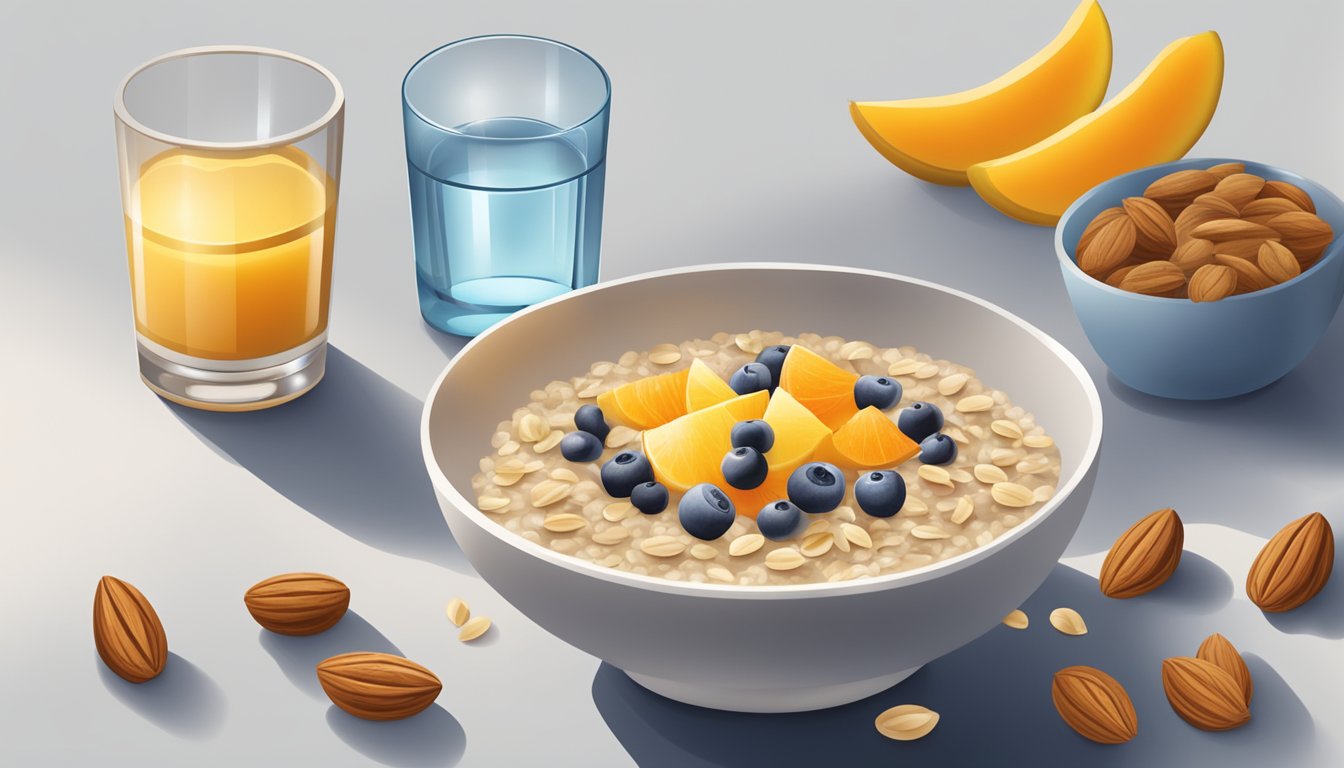 A bowl of oatmeal surrounded by fruits and nuts, with a glass of water on the side