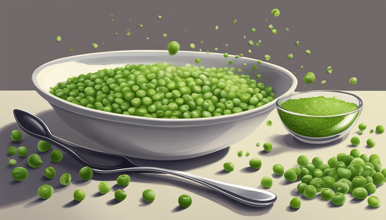 A small bowl of mashed peas sits on a high chair tray, surrounded by a few scattered peas. A spoon is poised to scoop up a mouthful