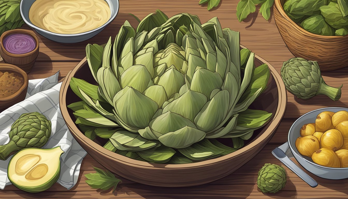 A bowl of artichokes surrounded by other high-fiber foods on a wooden table