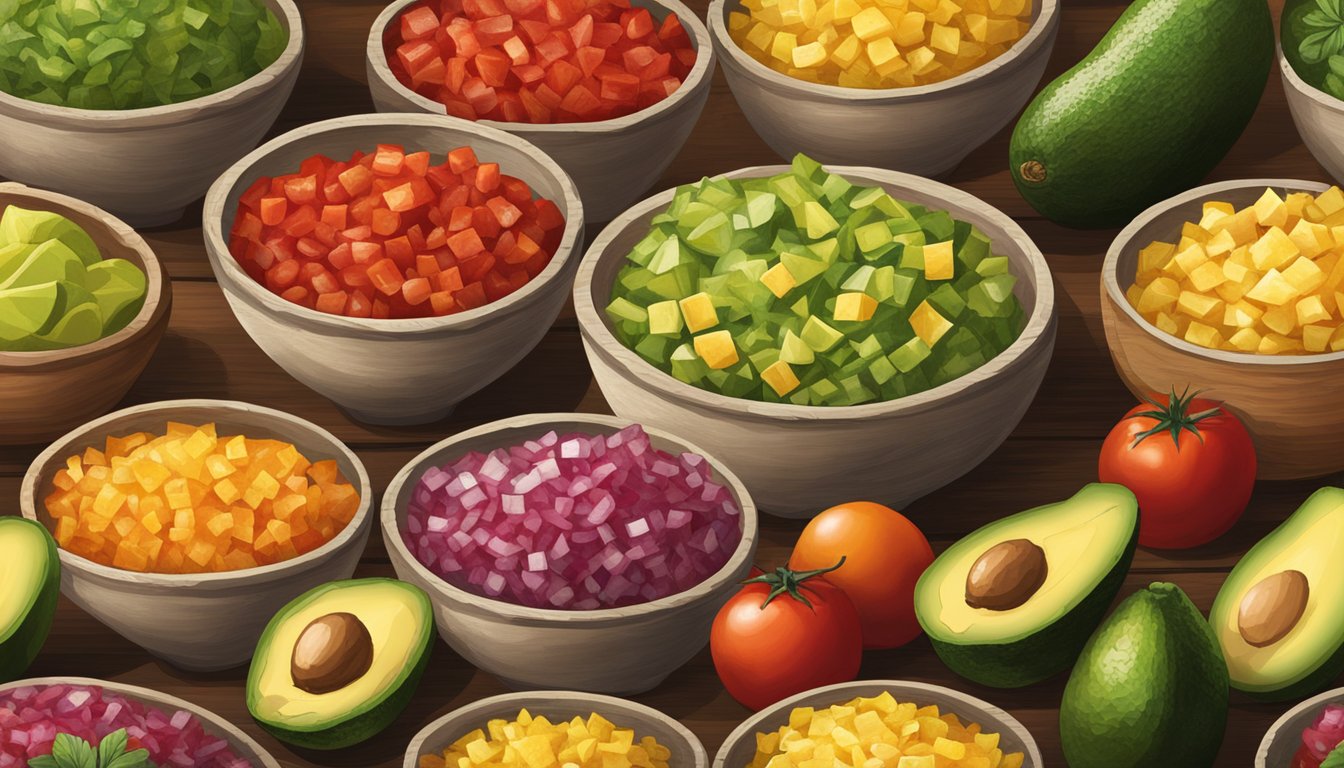 Vibrant red, green, and yellow salsas sit in rustic bowls, emitting a tantalizing aroma. The rough texture of diced tomatoes and onions contrasts with the smoothness of avocado, adding depth to the scene