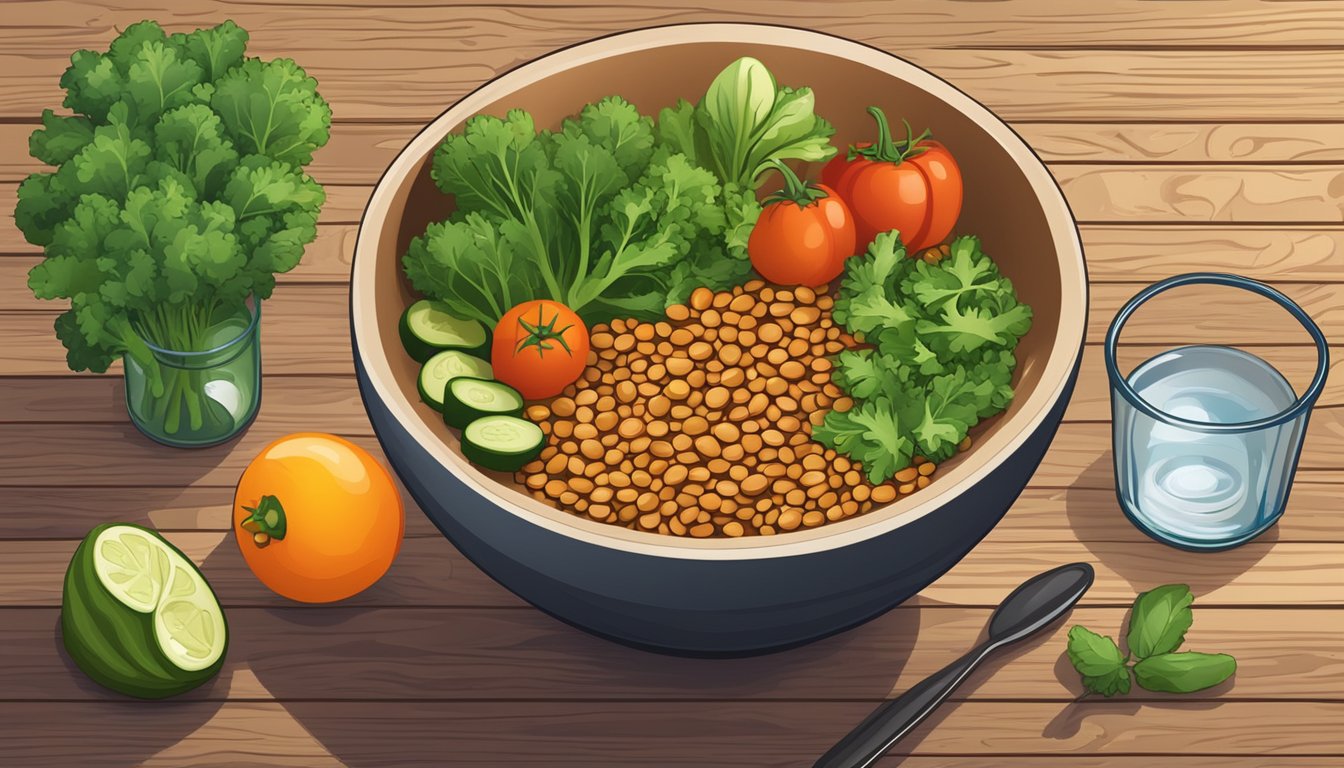 A bowl of lentils surrounded by fresh vegetables and a glass of water on a wooden table