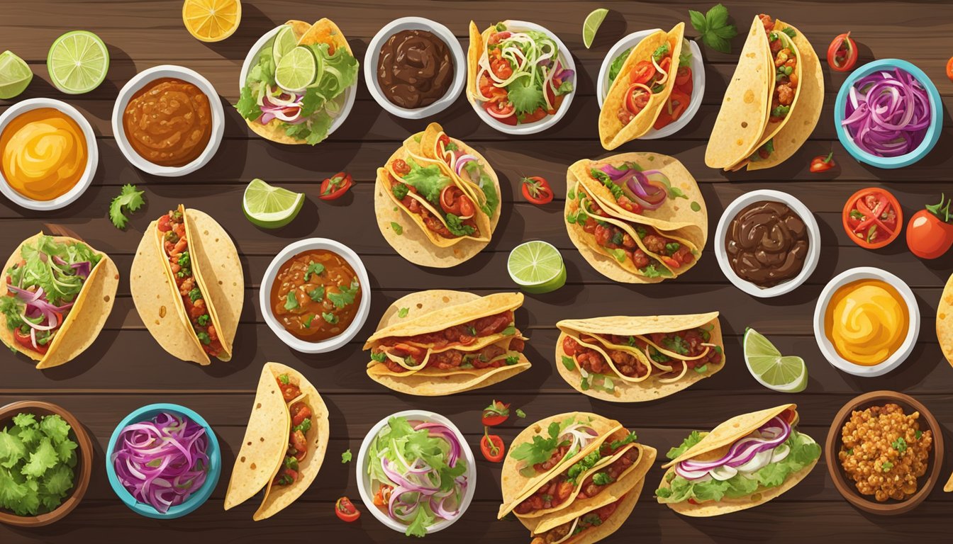 A colorful array of tacos spread out on a wooden table, each filled with different ingredients and toppings, showcasing the variety of flavors and textures