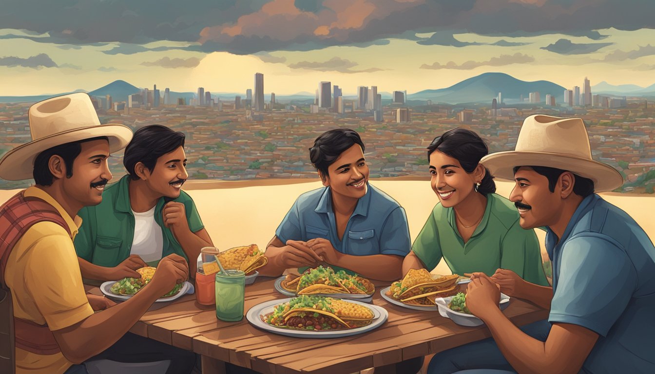 A group of Mexican migrants gather around a table, sharing tacos and stories, with a backdrop of a bustling city and rural landscape