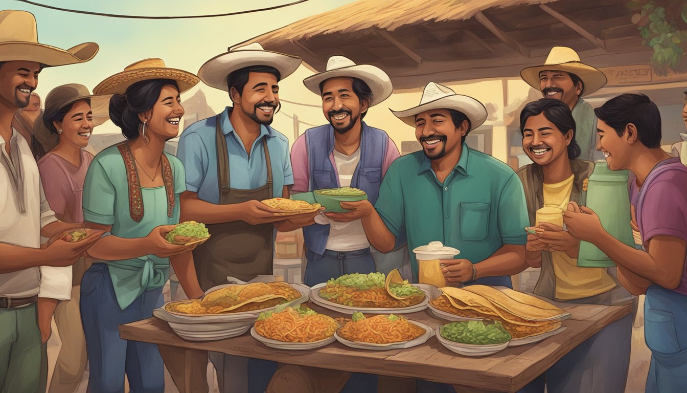 A group of Mexican migrants gather around a makeshift taco stand, sharing stories and laughter as they enjoy the traditional food from their homeland