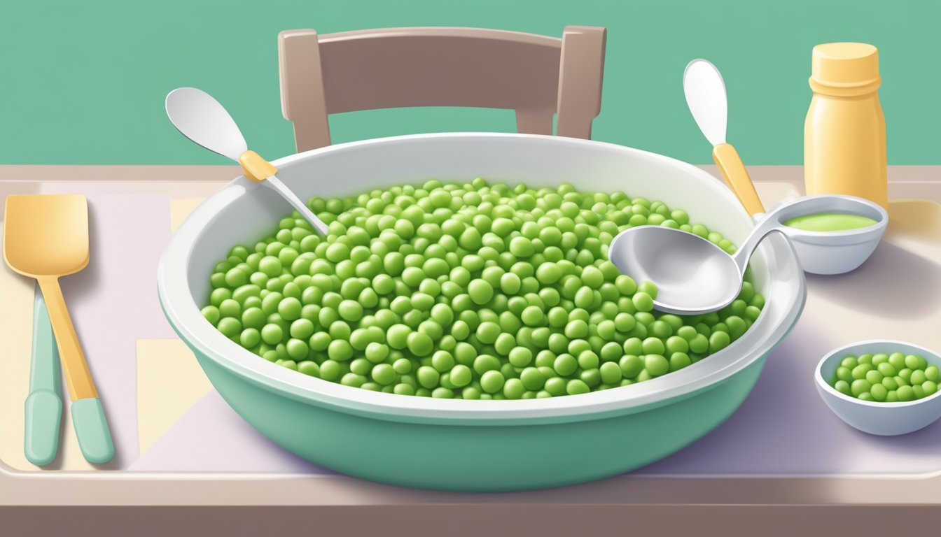 A bowl of pureed peas surrounded by soft, pastel-colored baby feeding utensils on a clean, high chair tray