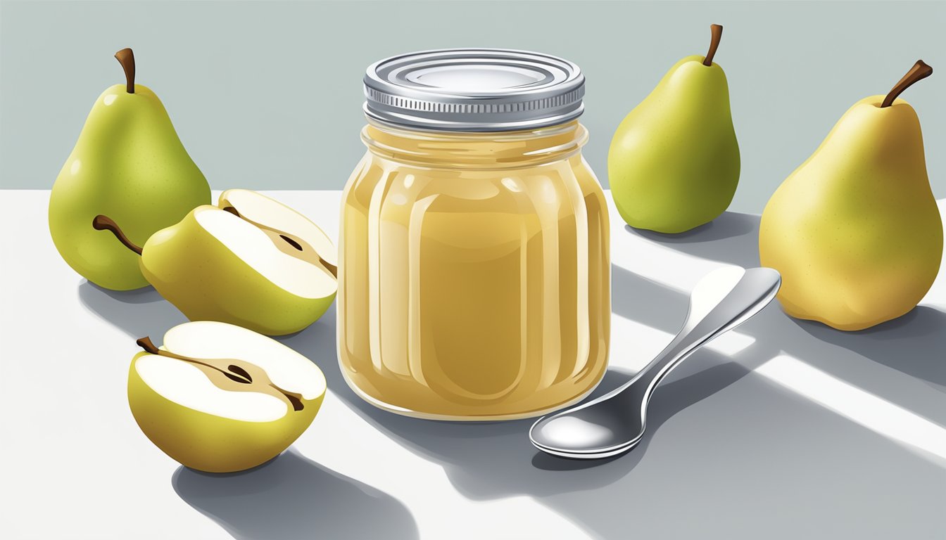 A jar of pear sauce surrounded by soft, ripe pears and a spoon on a clean, white surface