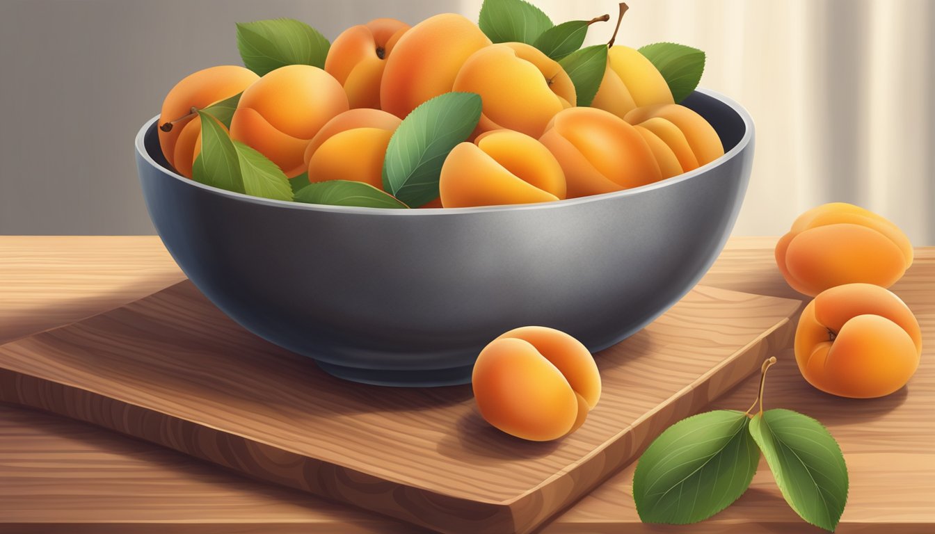 A bowl of ripe apricots surrounded by a variety of other fruits on a wooden cutting board