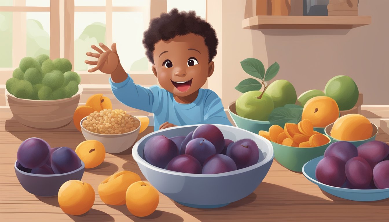 A bowl of ripe plums surrounded by other fiber-rich foods on a wooden table, with a smiling 12-month-old reaching out eagerly towards them