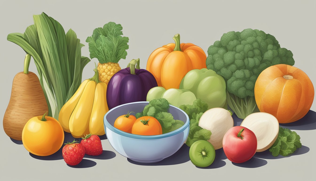 A variety of gentle fruits and vegetables arranged on a table, with a spoon and bowl nearby, ready to be prepared for an 8-month-old baby's meal