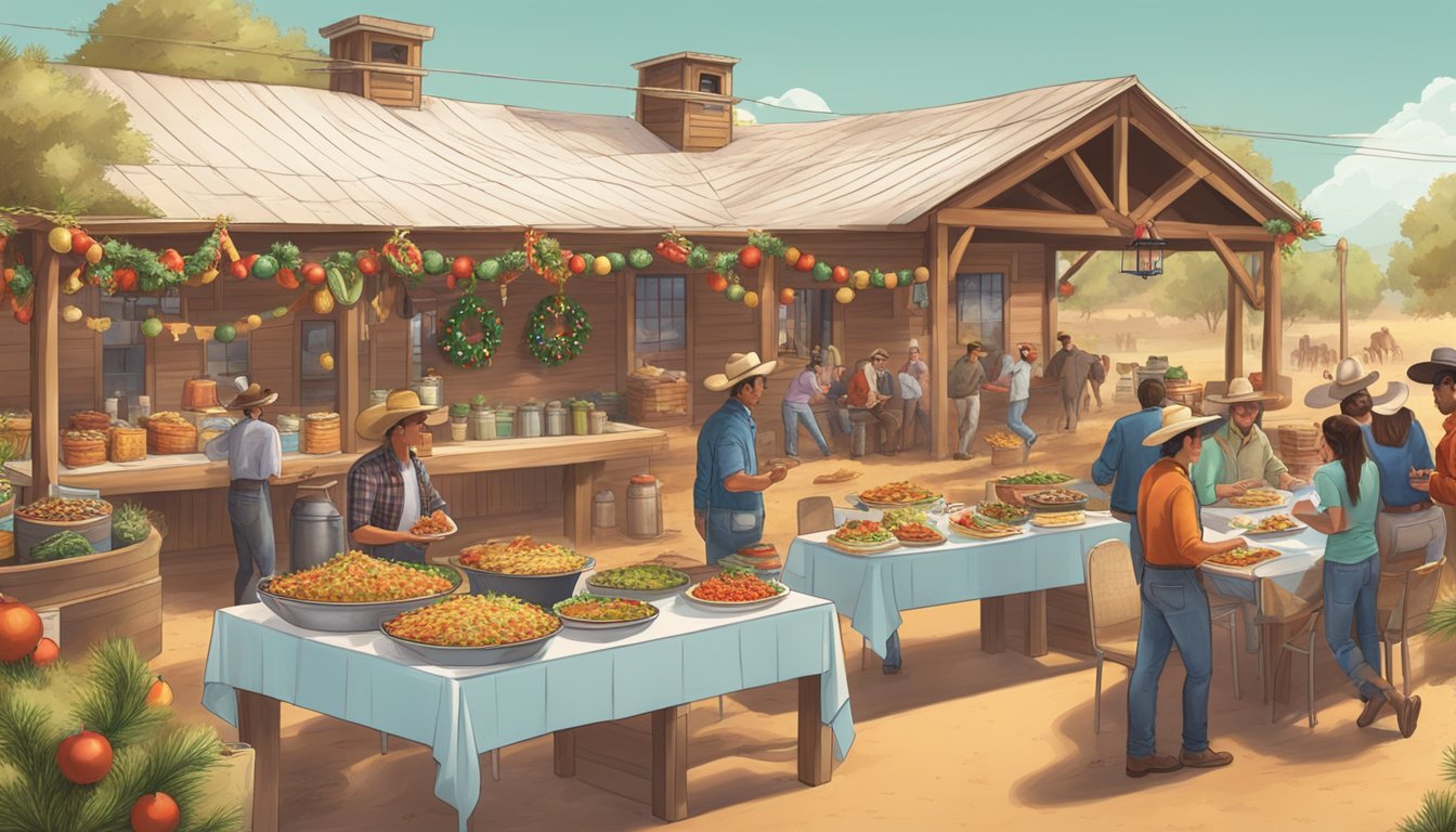 A Texan ranch with a festive taco buffet, surrounded by holiday decorations and people enjoying the food