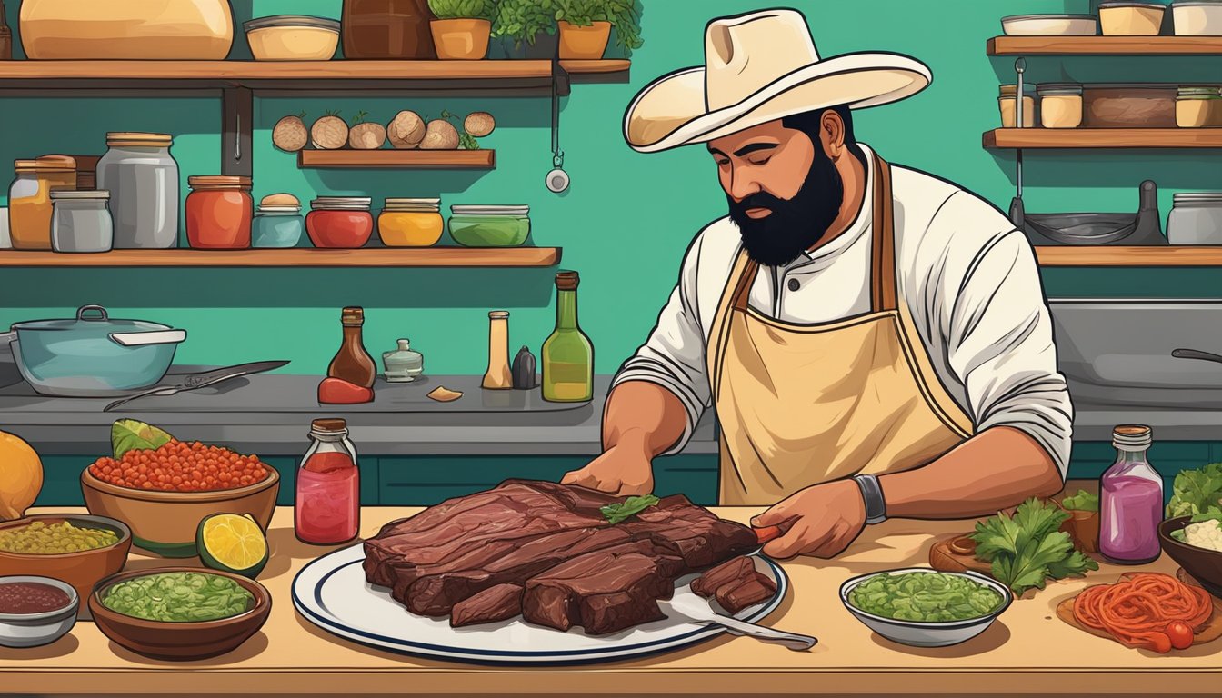 A butcher slicing beef cheeks for tacos de cabeza, surrounded by traditional Mexican ingredients and utensils