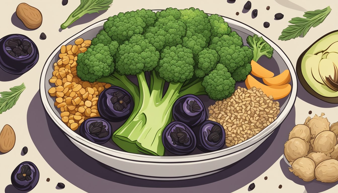 A bowl of steamed broccoli surrounded by other gentle, high-fiber foods, like prunes and whole grains, on a clean, bright surface