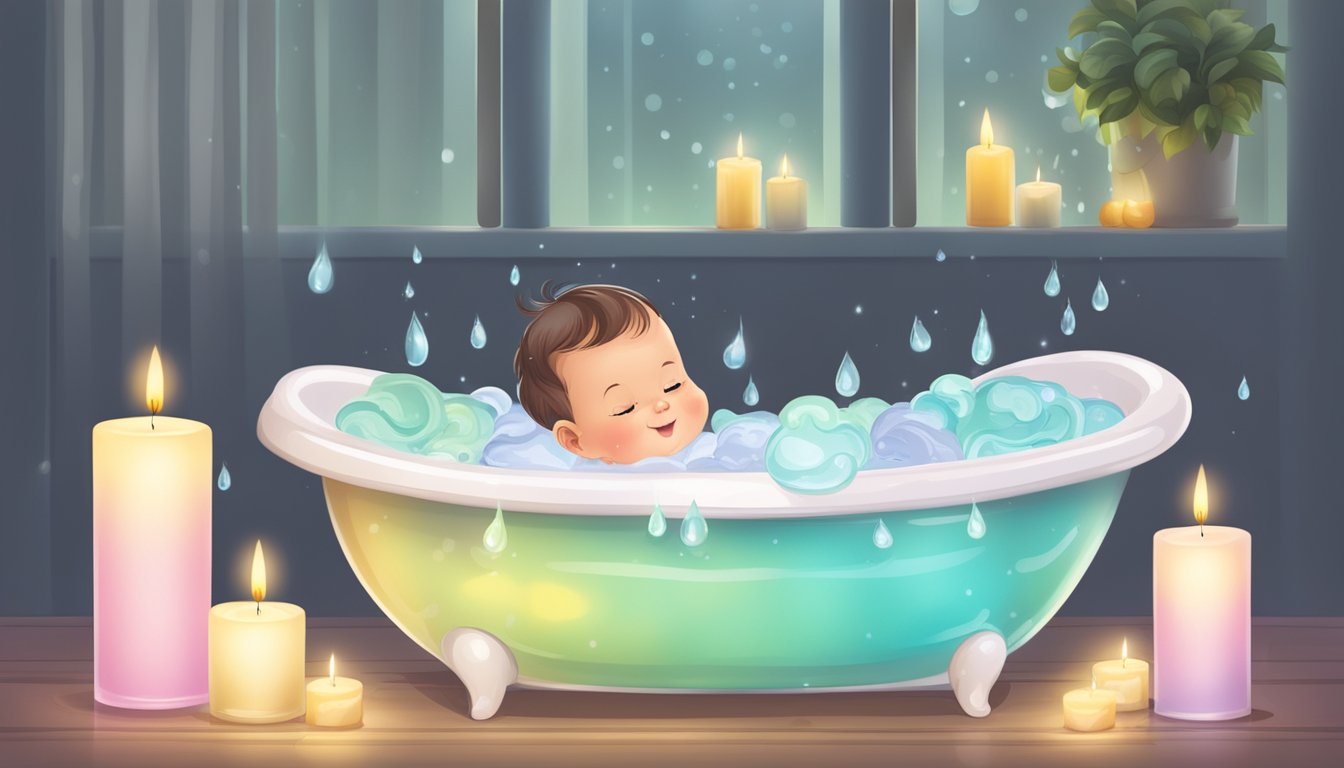 A baby bathtub filled with warm water and a few drops of gentle solution, surrounded by soothing candles and soft music