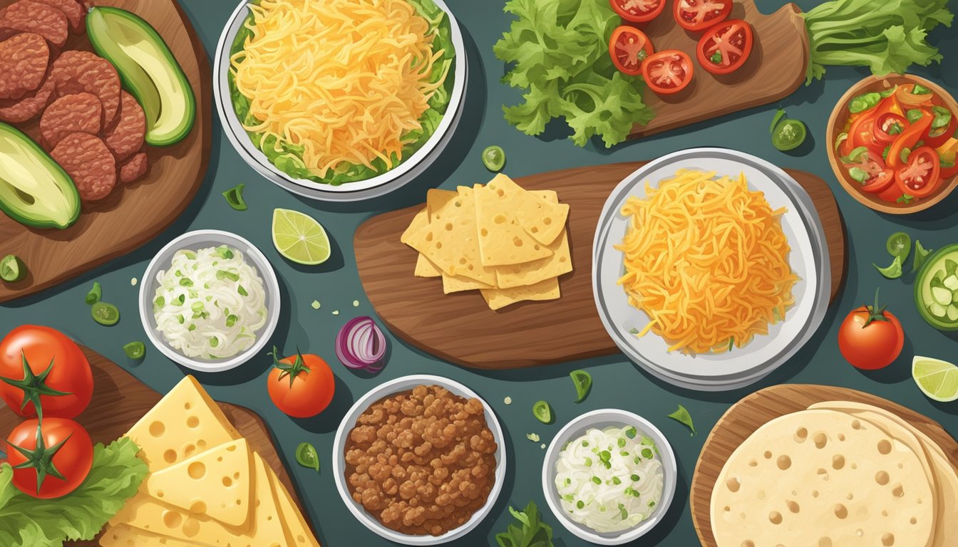 A Texan kitchen counter filled with fresh ingredients: ground beef, shredded cheese, lettuce, tomatoes, onions, jalapenos, tortillas, and assorted spices