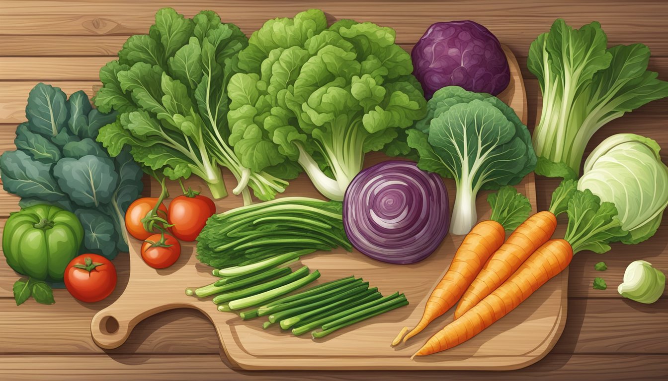 A colorful array of leafy green vegetables arranged on a wooden cutting board, with a mortar and pestle nearby