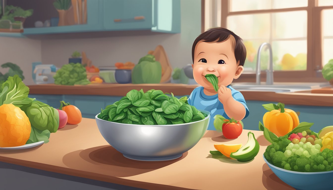 A bowl of steamed spinach surrounded by colorful fruits and vegetables, with a smiling baby in the background happily eating the nutritious meal