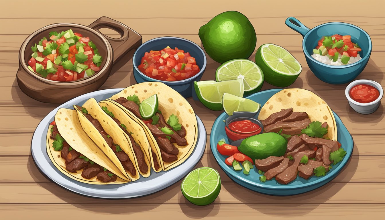 A table set with various ingredients for tacos de cabeza, including beef head meat, tortillas, salsa, and lime wedges