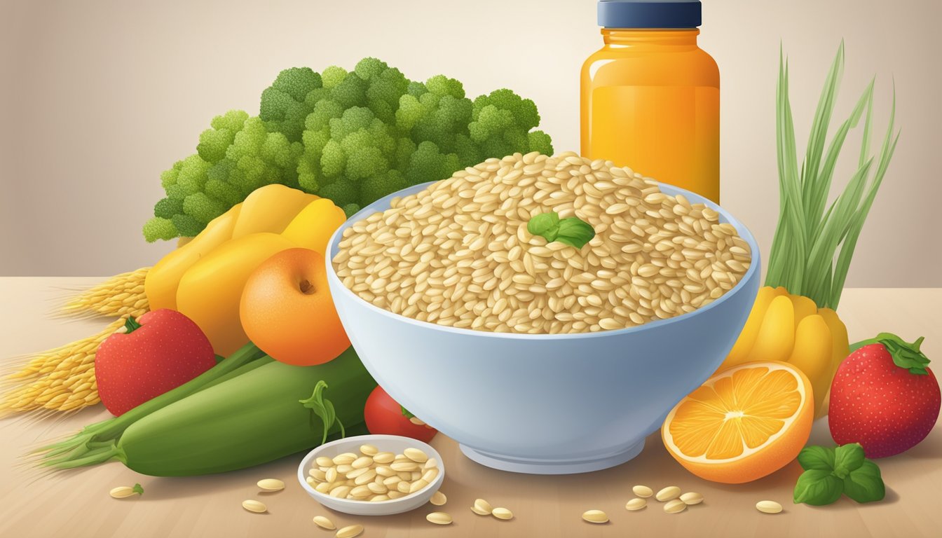 A bowl of cooked barley surrounded by colorful fruits and vegetables, with a gentle relief medication bottle nearby