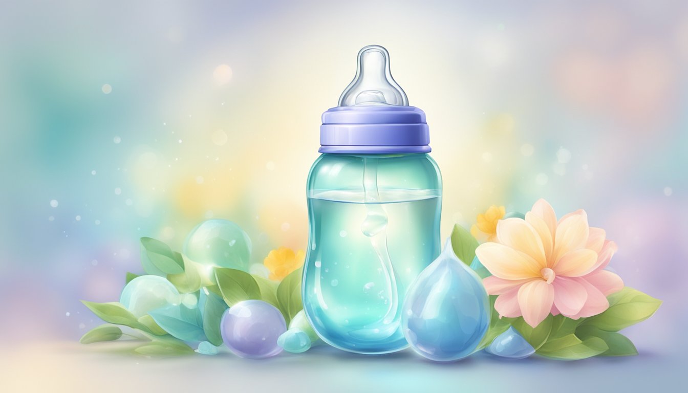 A baby bottle filled with water surrounded by soft, soothing colors and a peaceful atmosphere