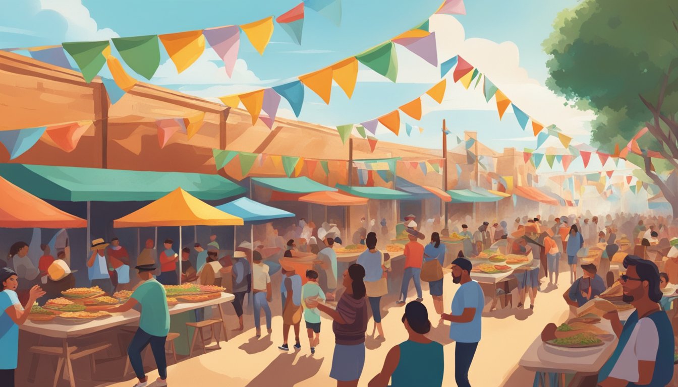 A bustling Texan festival with colorful taco stands, lively music, and people gathering to celebrate the cultural significance of tacos in the local social fabric