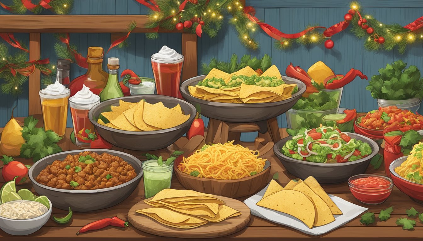 A Texan-themed taco assembly station with festive holiday decorations and an array of fresh ingredients displayed on a wooden table