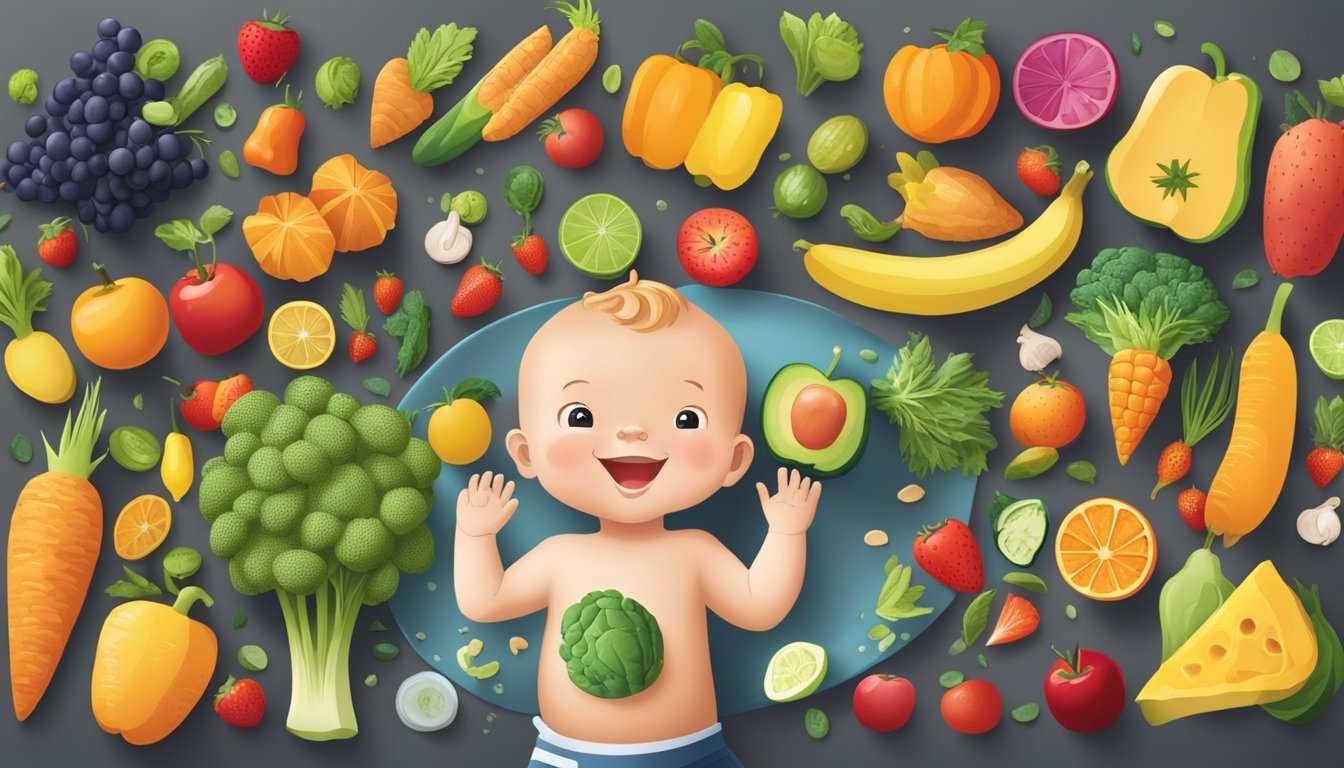 A colorful array of fruits and vegetables, whole grains, and water set on a table, with a happy baby reaching for them eagerly