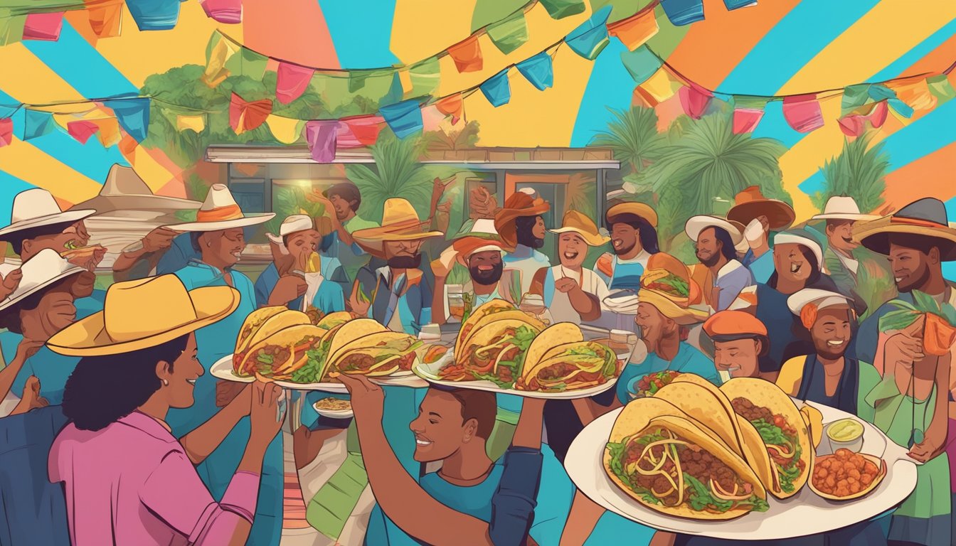 A colorful array of tacos from different regions, surrounded by festive decorations and Texan symbols, with people enjoying the food and music