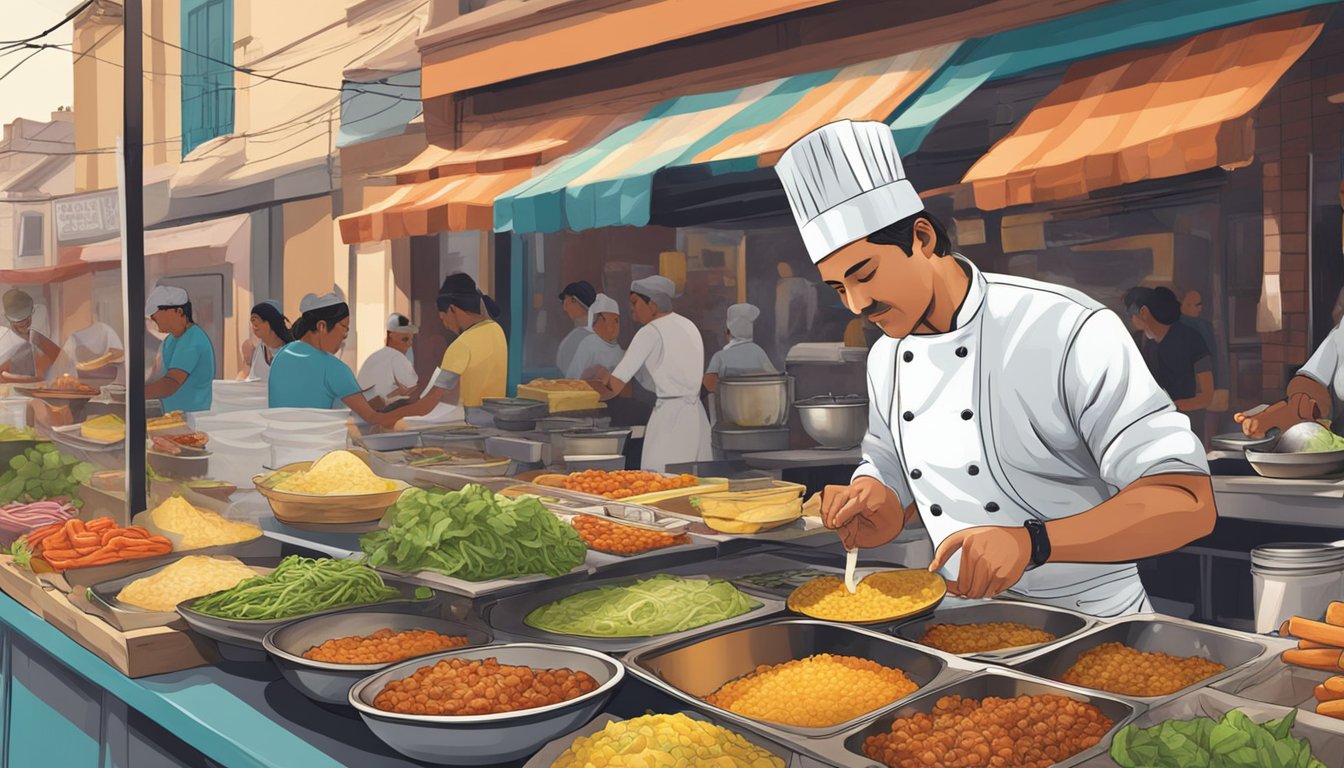 A chef preparing tacos de cabeza with locally sourced ingredients in a vibrant, bustling street market