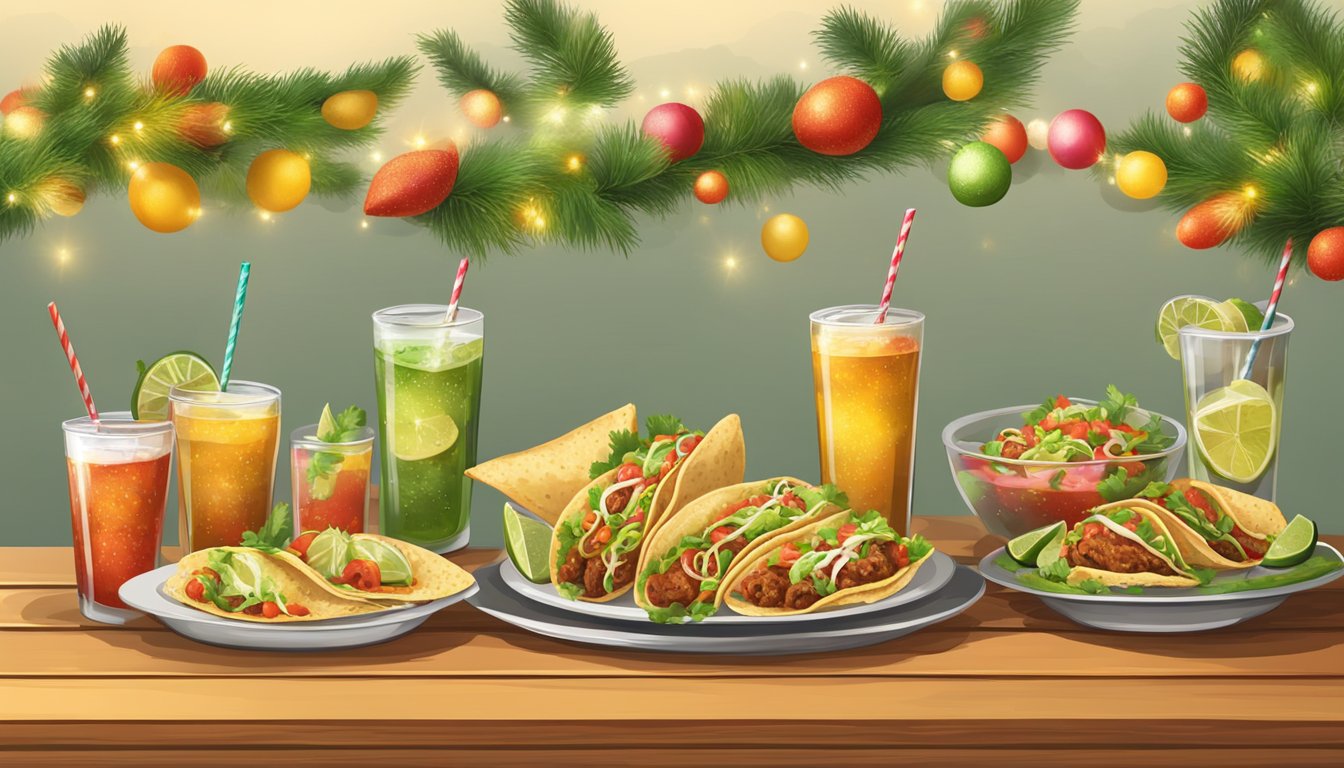 A festive table with a variety of tacos and matching beverages for different holidays