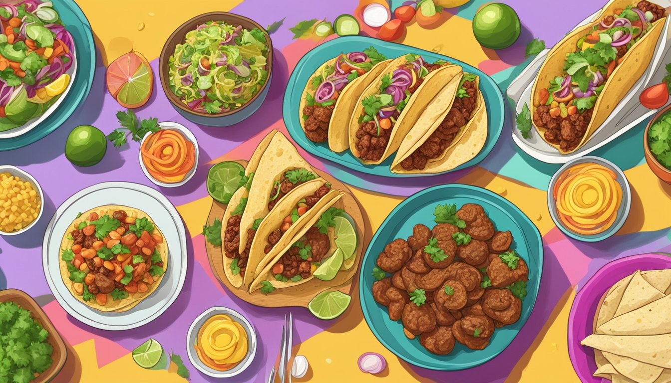 A festive table with a variety of taco fillings, including meat, fish, and vegetarian options, surrounded by colorful decorations for different holidays