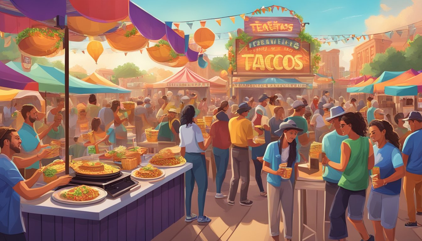 A colorful Texan festival scene with tacos being served at food stands, surrounded by lively music and media displays