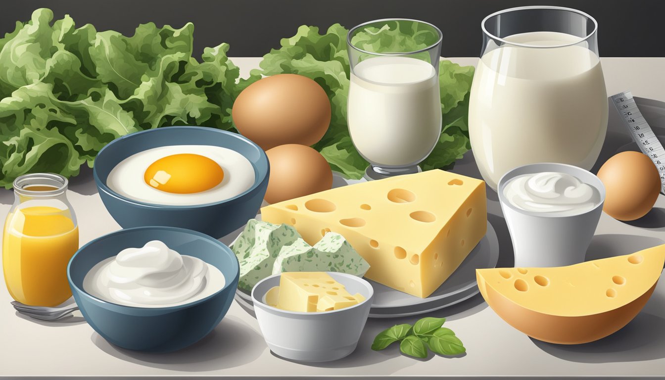 A variety of eggs, milk, cheese, yogurt, and leafy greens arranged on a table, surrounded by measuring tapes and height charts