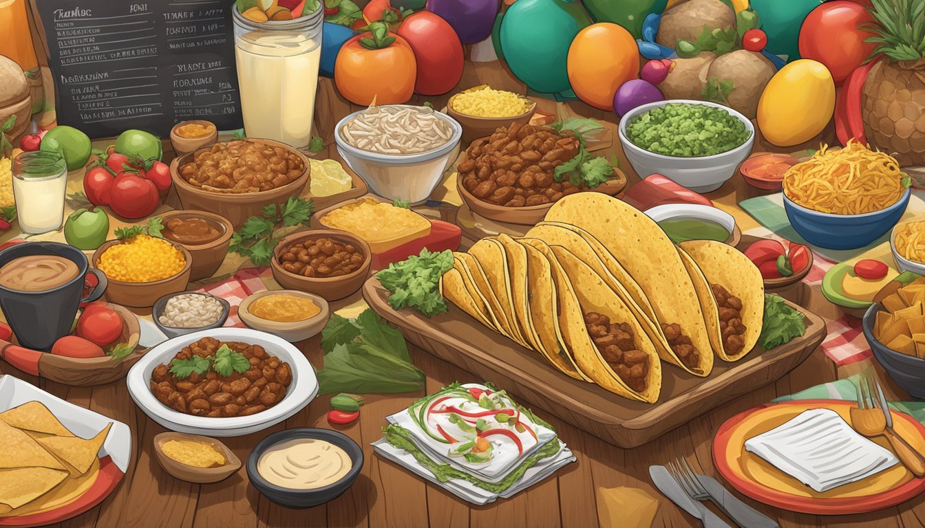 A Texan-themed table with taco ingredients for various holidays, surrounded by festive decorations and a nutritional information guide