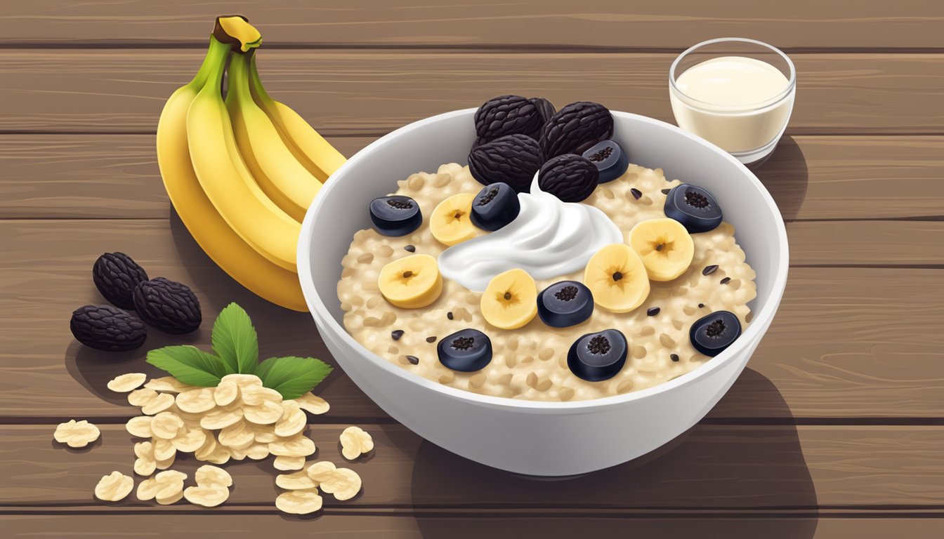 A bowl of oatmeal surrounded by bananas, prunes, and yogurt on a wooden table