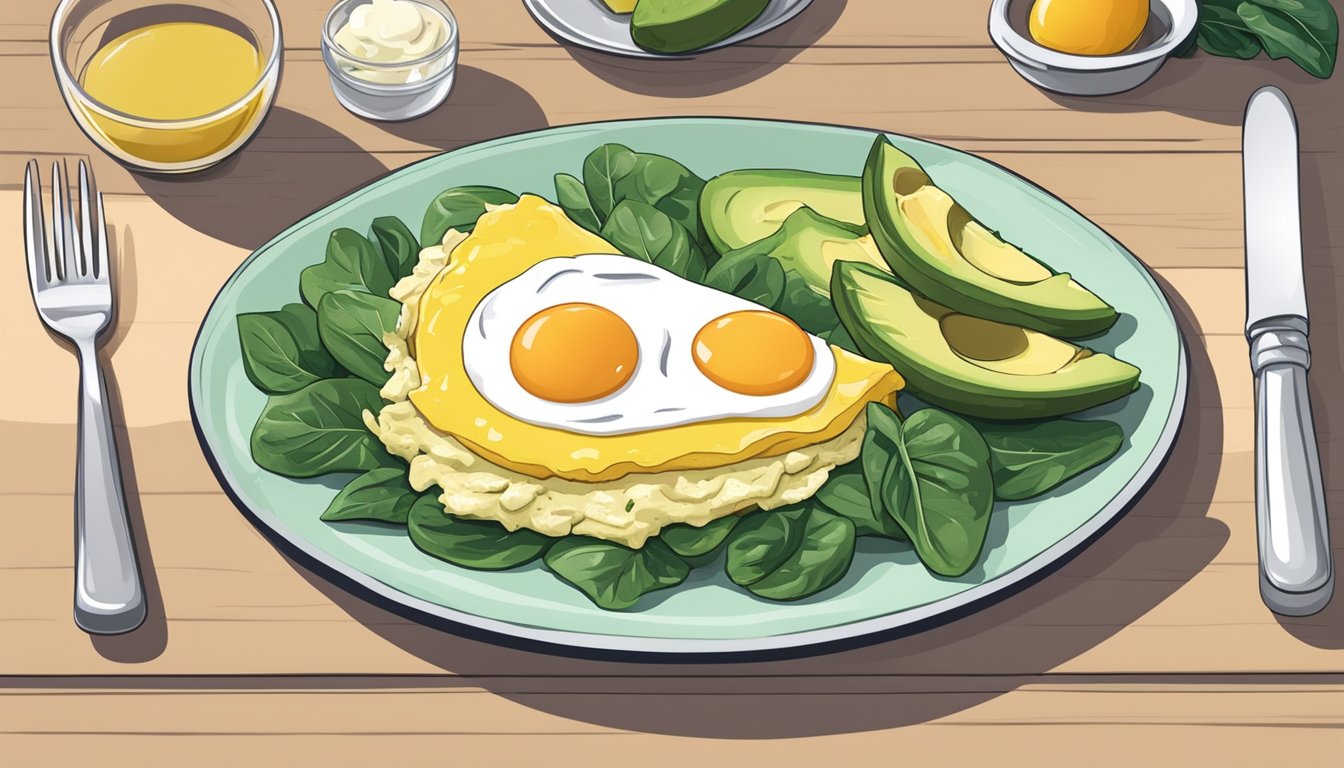 A plate with an egg white omelette, spinach, and avocado next to a pair of muscular thighs