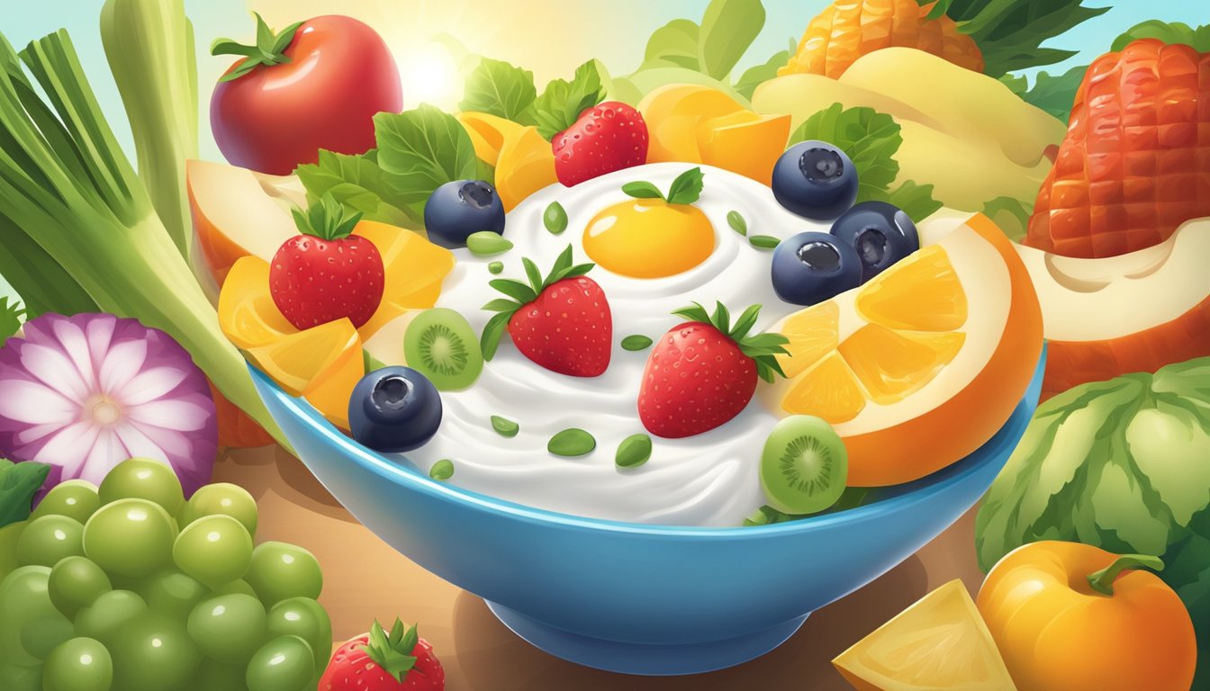 A bowl of yogurt surrounded by colorful fruits and vegetables, with a happy, smiling sun in the background