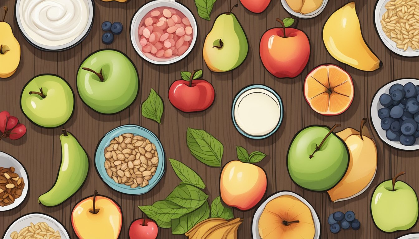 A variety of colorful apples arranged on a wooden table, surrounded by other gut-friendly foods like yogurt, oats, and leafy greens