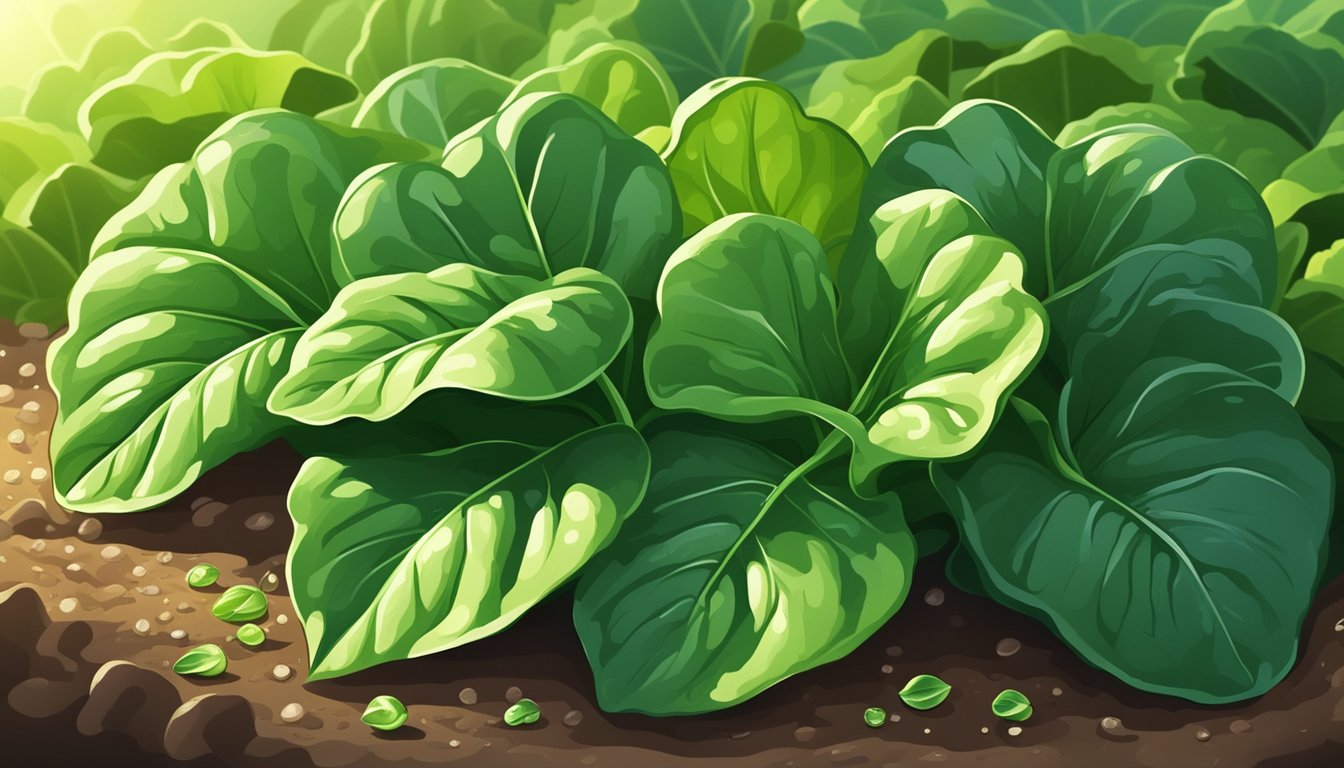 Lush green spinach leaves surrounded by nutrient-rich soil and basking in the warm sunlight, with small droplets of water glistening on the leaves