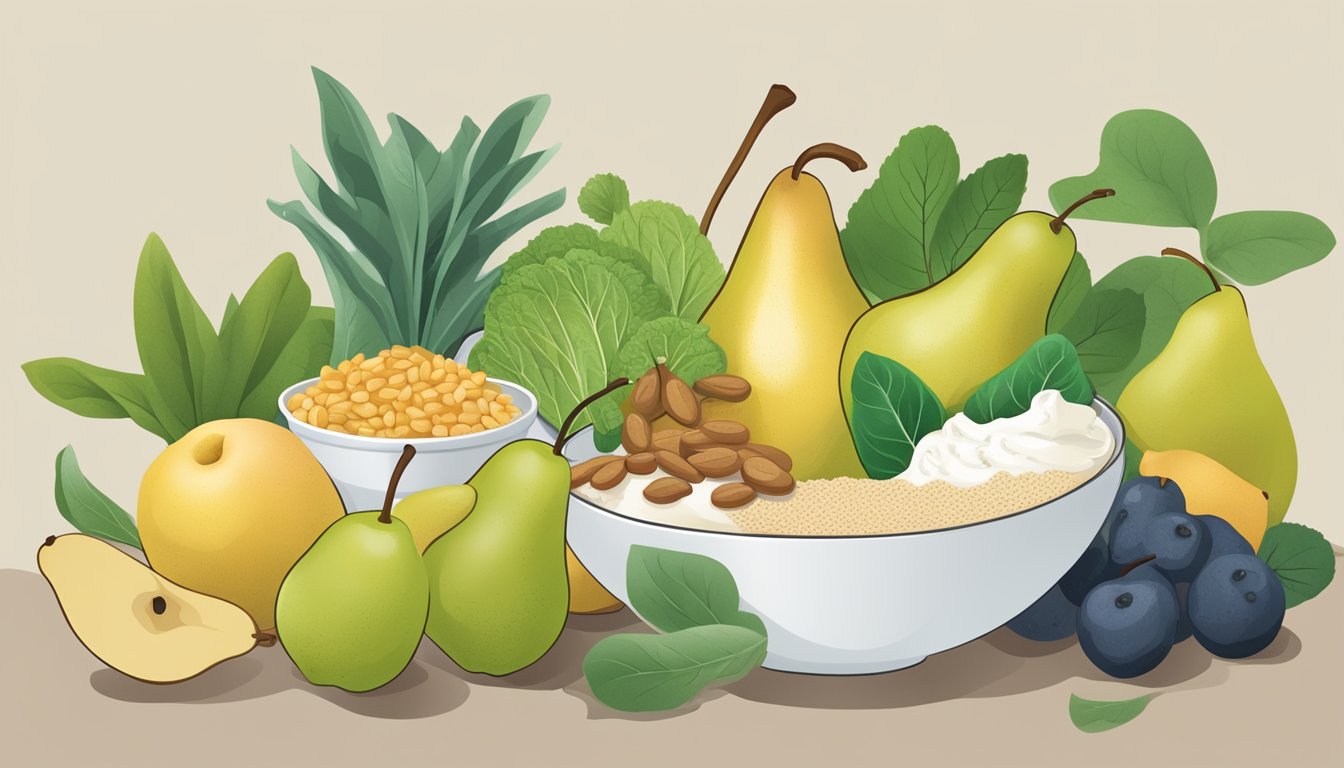 A bowl of ripe pears surrounded by other gut-friendly foods, such as yogurt, whole grains, and leafy greens, with a focus on natural ingredients