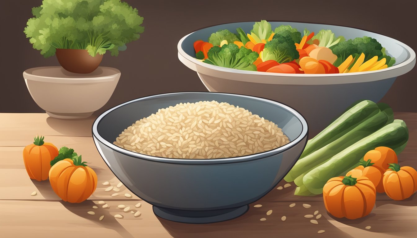 A bowl of brown rice surrounded by vibrant vegetables and a set of muscular quadriceps in the background