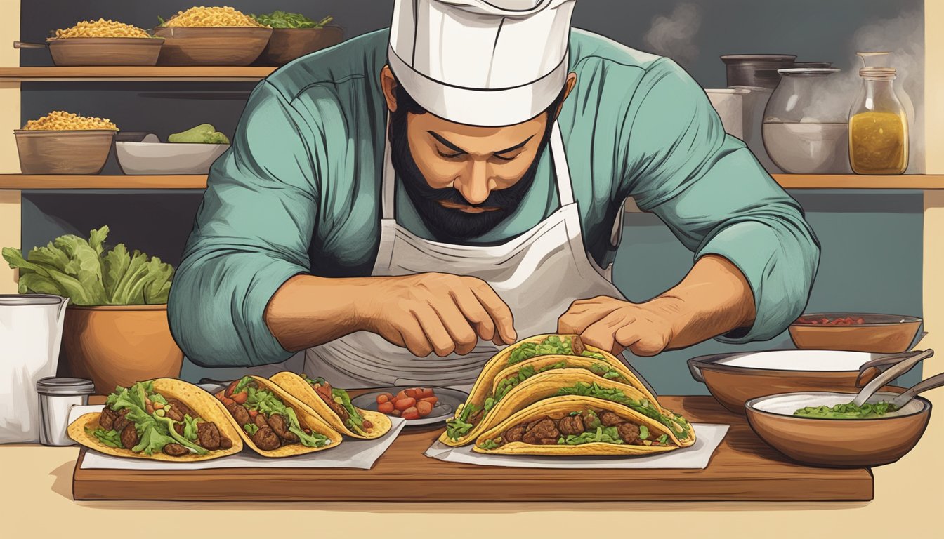 A Texan chef prepares a variety of tacos using traditional ingredients and innovative techniques, showcasing the evolution of taco cuisine in Texas