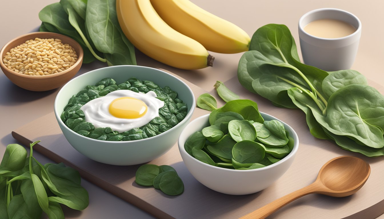 A bowl of spinach surrounded by gut-friendly foods like yogurt, bananas, and whole grains, with a glass of water on the side