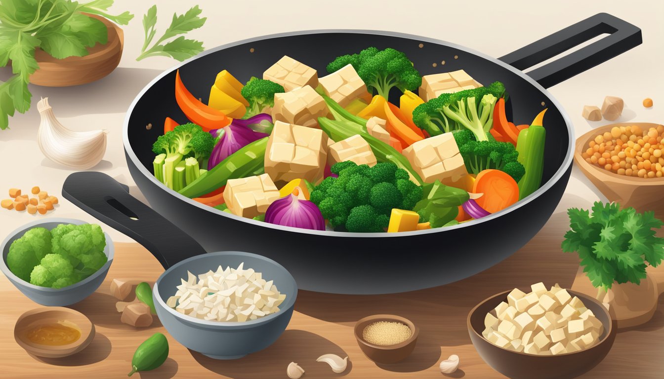 A sizzling stir-fry pan with colorful vegetables and cubes of tofu, surrounded by fresh ingredients like ginger, garlic, and soy sauce